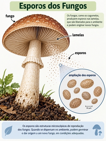 Ilustração didática mostrando um fungo e seus esporos Ilustração didática mostrando um fungo e seus esporos