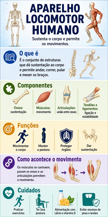 Infográfico sobre o aparelho locomotor humano e suas funções Infográfico sobre o aparelho locomotor humano e suas funções