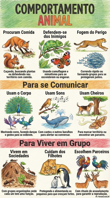 Comportamento Animal: tipos, características e exemplos Infográfico com síntese sobre comportamento animal