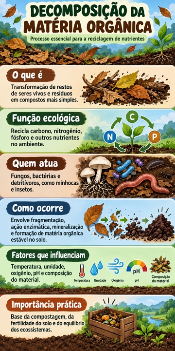 Infogr&aacute;fico did&aacute;tico sobre a decomposi&ccedil;&atilde;o de mat&eacute;ria org&acirc;nica