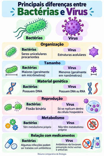Infogr&aacute;fico com as principais diferen&ccedil;as entre bact&eacute;rias e v&iacute;rus.