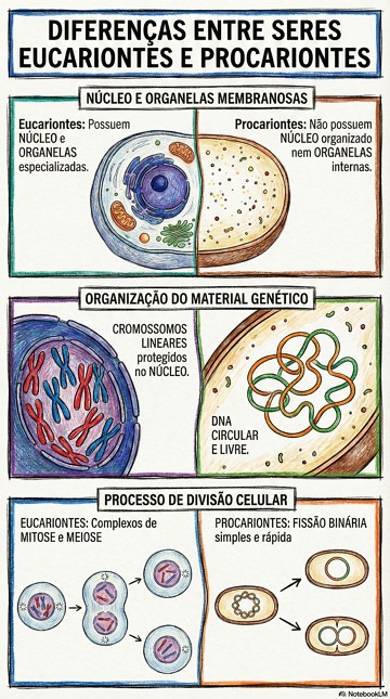 Infogr&aacute;fico com as principais diferen&ccedil;as entre seres eucariontes e procariontes