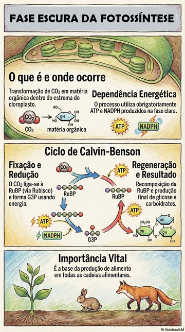 Infogr&aacute;fico com s&iacute;ntese sobre a fase escura da fotoss&iacute;ntese