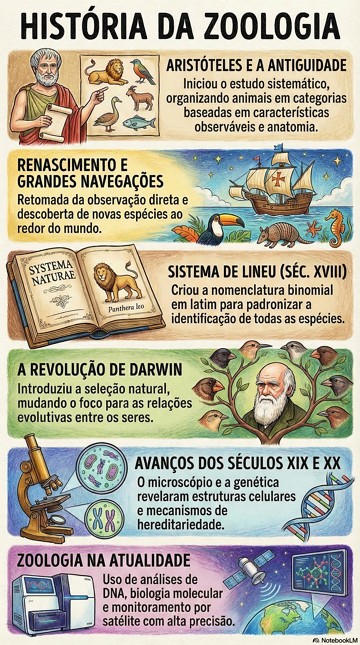 Infogr&aacute;fico mostrando os principais momentos e descobertas da Hist&oacute;ria da Zoologia