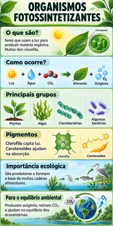 Infográfico com resumo sobre os organismos Fotossintetizantes Infográfico com resumo sobre os organismos Fotossintetizantes