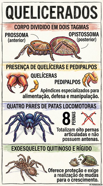 Infogr&aacute;fico com as caracter&iacute;sticas e exemplos de quelicerados.