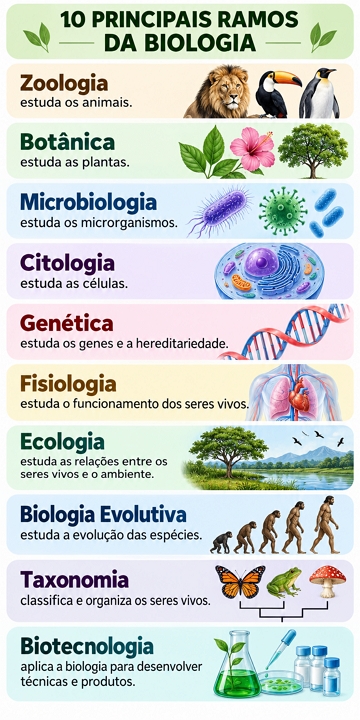 Infográfico mostrando os 10 principais ramos da Biologia Infográfico mostrando os 10 principais ramos da Biologia