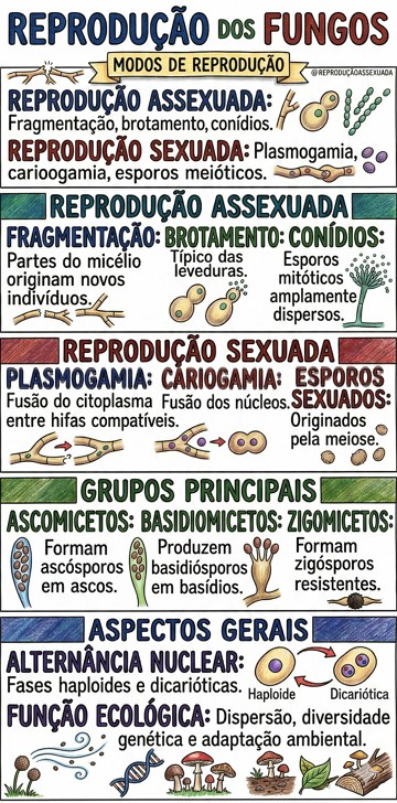 Infográfico com síntese sobre a reprodução dos fungos Infográfico com síntese sobre a reprodução dos fungos