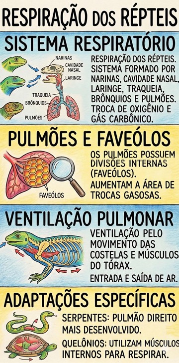 Infogr&aacute;fico did&aacute;tico e resumido sobre a respira&ccedil;&atilde;o e o sistema respirat&oacute;rio dos r&eacute;pteis.