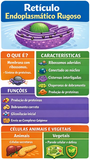 Infogr&aacute;fico sobre as caracter&iacute;sticas e fun&ccedil;&otilde;es do ret&iacute;culo endoplasm&aacute;tico rugoso