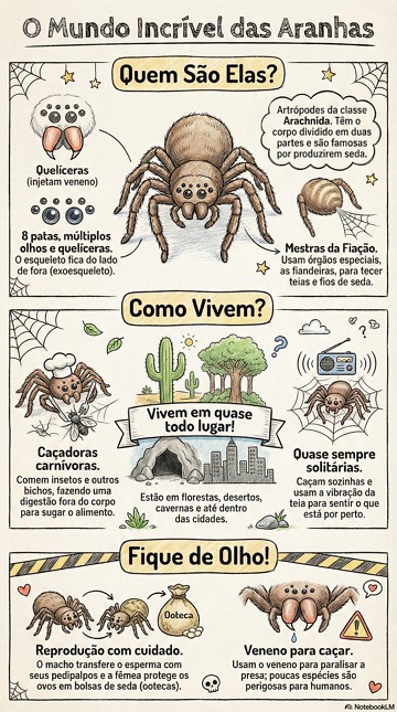 Infogr&aacute;fico com informa&ccedil;&otilde;es did&aacute;ticas e importantes sobre as aranhas