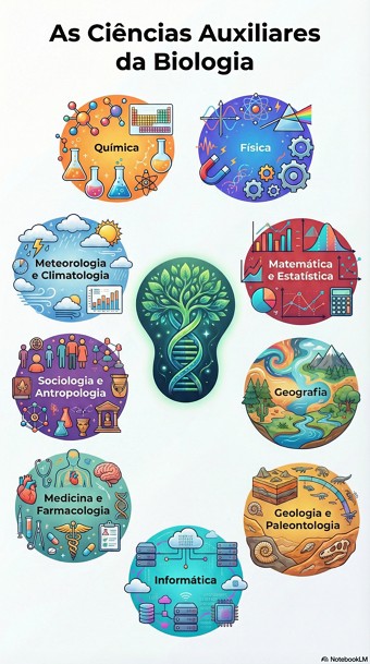 Infogr&aacute;fico sobre as ci&ecirc;ncias auxiliares da Biologia