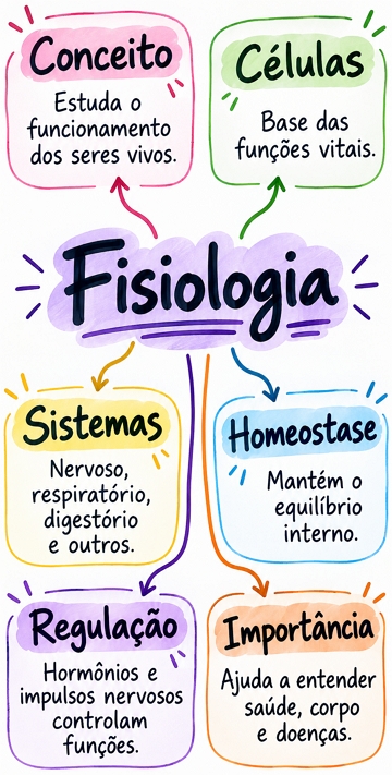 Mapa mental com resumo sobre o conceito e o que estuda a Fisiologia