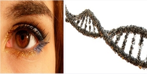 Olho de uma mulher e ao lado um código genético