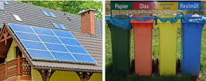Práticas de Sustentabilidade Casa com energia solar e recipientes para reciclagem