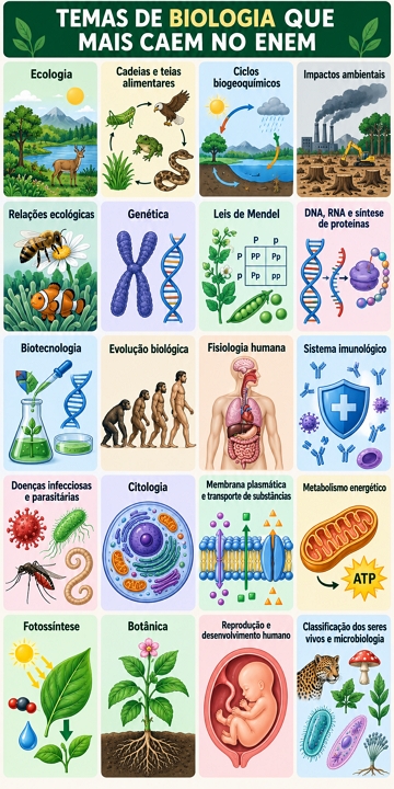 Infográfico com 20 exemplos dos temas de Biologia que mais caem no ENEM Infográfico com 20 exemplos dos temas de Biologia que mais caem no ENEM